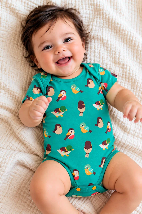 bébé souriant qui porte un body en coulours vifs